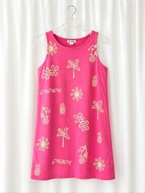 M. Mac Tropical Palm Tree Seahorse Pineapple Cotton Shift Dress Pink Neon Yellow